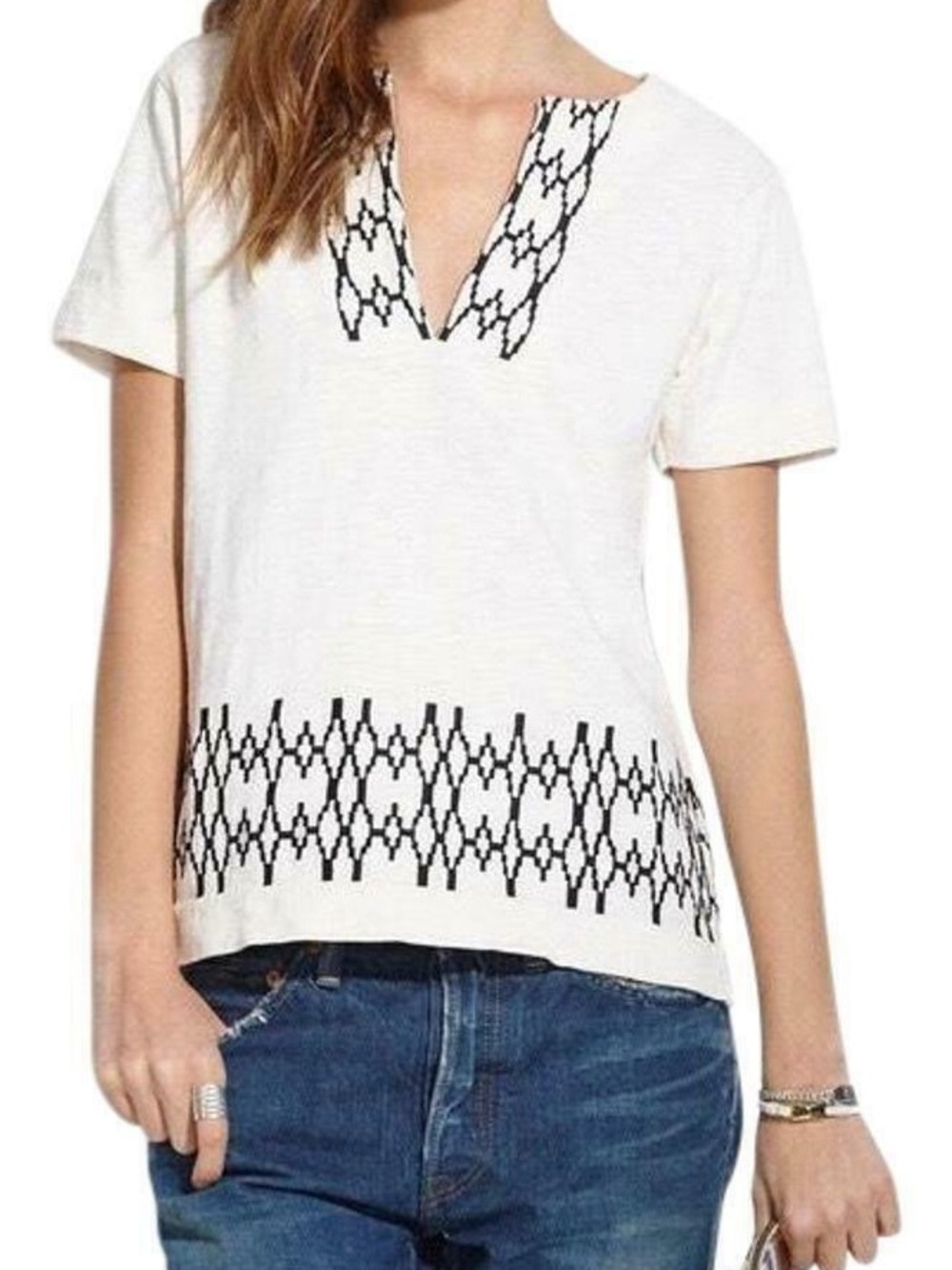 Madewell Cream Short-Sleeve V-Notch Top with Black Embroidery